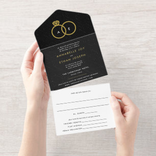 Modern Gold Ring Monogram Black and White Wedding  All In One Invitation