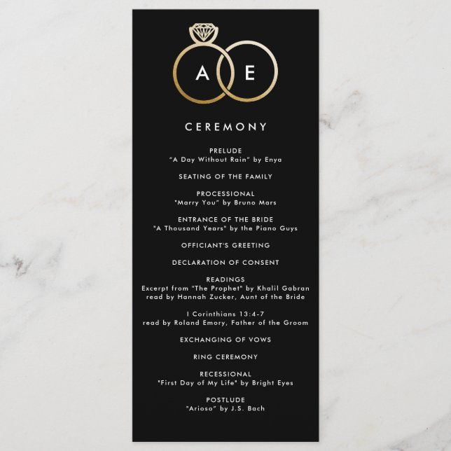 Modern Gold Rings on Black Custom Wedding Program Programme (Front)