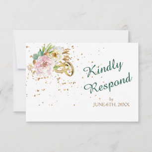 Modern Gold Rings Wild Rose Wedding RSVP Card