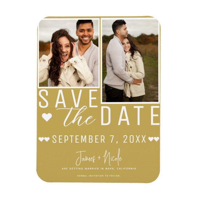 Modern Gold Save the Date 2 Photo Wedding Magnet (Vertical)
