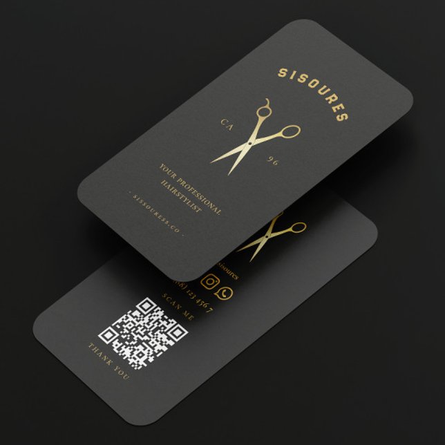 Modern Gold Scissors Barbershop QR Business Card (Creator Uploaded)