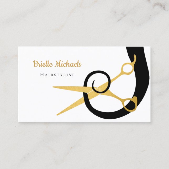 Modern Gold Scissors Black Hair Curl Hair Salon Business Card (Front)