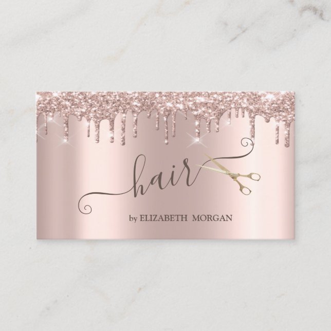 Modern Gold Scissors Rose Gold Glitter Drips  Business Card (Front)