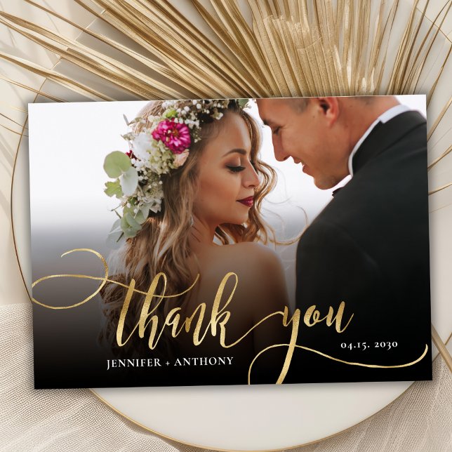 Modern Gold Script 2 Photo Wedding Thank You Card (Creator Uploaded)