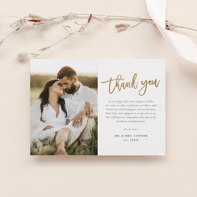 Modern Gold Script 2 Photo Wedding Thank You Postcard (Creator Uploaded)