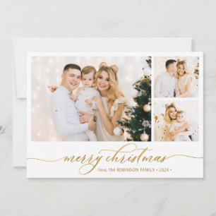 Modern Gold Script 3 Photo Collage Christmas Holiday Card