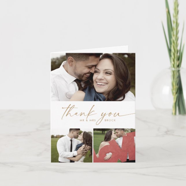 Modern Gold Script 3 Photo Collage Folded Wedding Thank You Card (Front)
