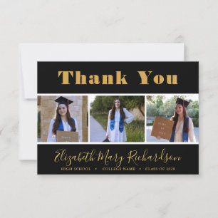Modern Gold Script 3 Photo Graduation Thank You Ca Invitation