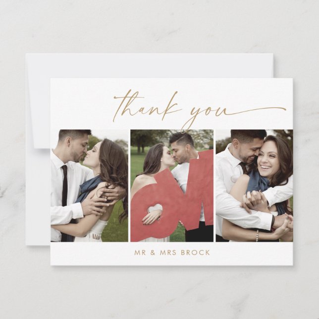 Modern Gold Script 3 Photo Template Thank You Card (Front)