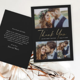 Modern Gold Script 3 Photo Wedding Thank You Card