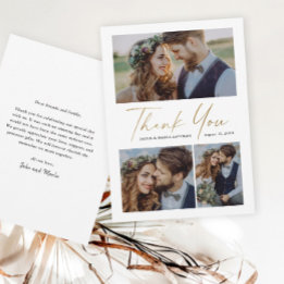 Modern Gold Script 3 Photo Wedding Thank You Card