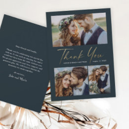 Modern Gold Script 3 Photo Wedding Thank You Card