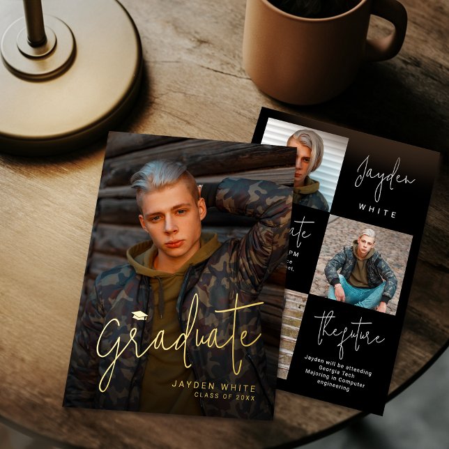 Modern Gold Script 4 Photo Graduation Announcement (Modern Gold Script 4 Photo Graduation Announcement)