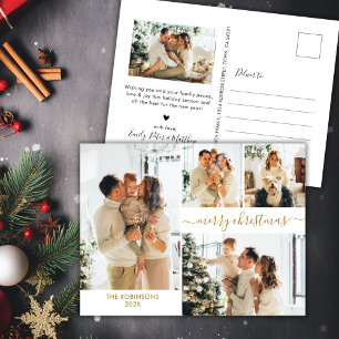 Modern Gold Script 5 Photo Collage Christmas  Postcard
