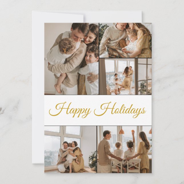 Modern Gold Script 5 Photo Collage Happy Holidays  Holiday Card (Front)
