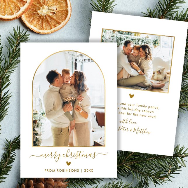 Modern Gold Script Arch 2 Photo Merry Christmas Holiday Card (Creator Uploaded)