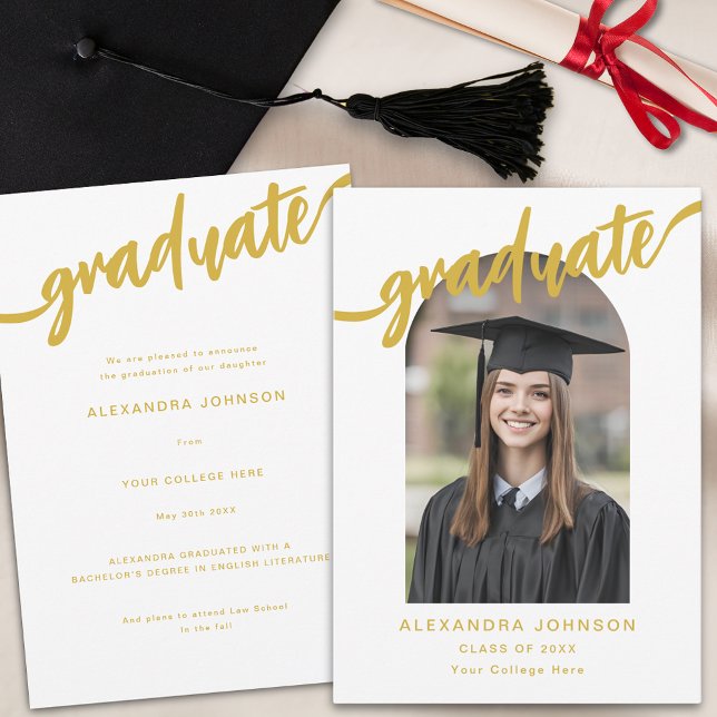 Modern Gold Script Arch Photo Graduation Announcement (Elegant gold script arch photo graduation announcement card)
