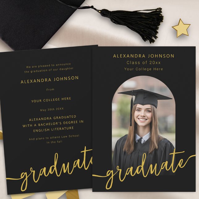 Modern Gold Script Arch Photo Graduation Announcement (Modern arch photo black and gold script graduation announcement card elegant stylish chic trendy)