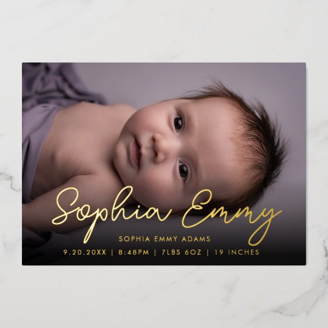 Modern Gold Script Baby Birth Announcement Card (Front)