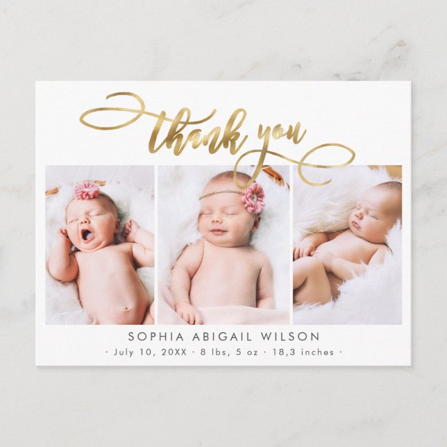 Modern Gold Script Baby Photo Collage Thank You Postcard (Front)