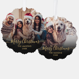 Modern Gold Script Black 2 Photo Christmas Tree Decoration Card