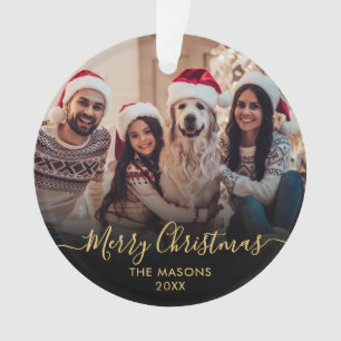 Modern Gold Script Black 2 Photo Merry Christmas Ornament