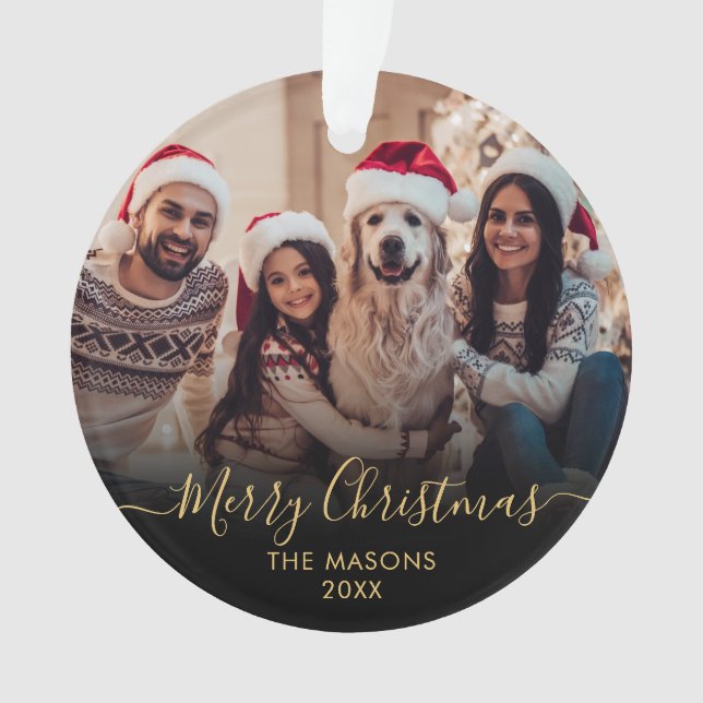 Modern Gold Script Black 2 Photo Merry Christmas  Ornament (Front)