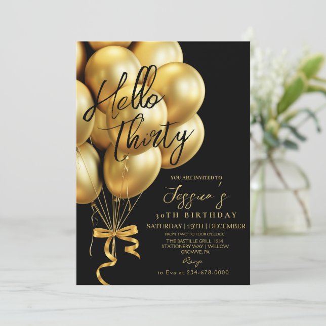 Modern  Gold Script Black Hello Thirty Birthday Invitation (Standing Front)