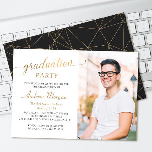 Modern Gold Script Black & White Graduation Photo Invitation
