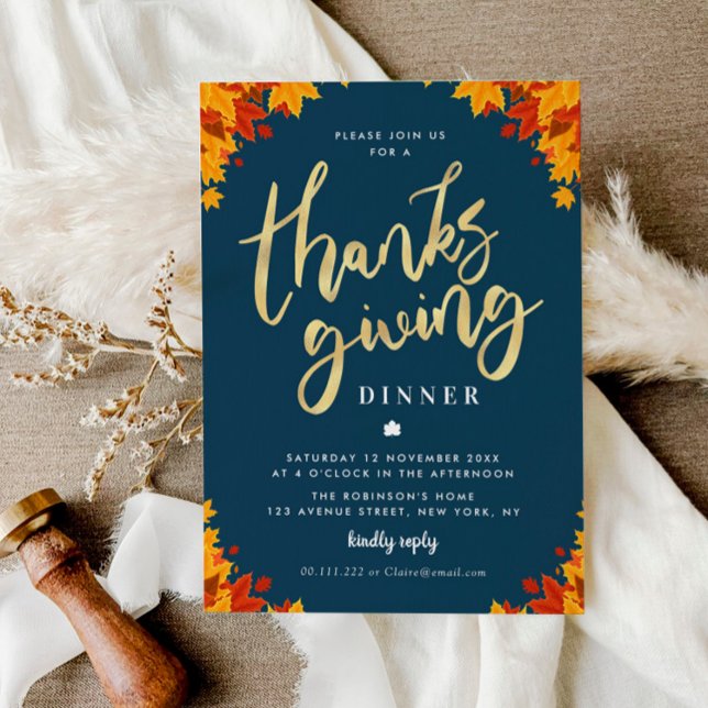 Modern gold script blue thanksgiving dinner invitation (Creator Uploaded)