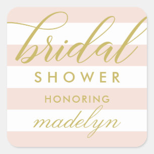 Modern Gold Script Blush Stripes Bridal Shower Square Sticker