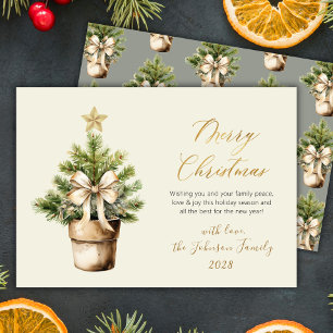 Modern Gold Script Bow Watercolor Christmas Tree Holiday Card