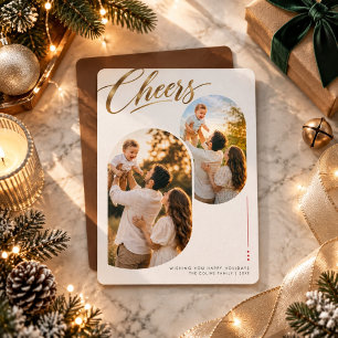 Modern Gold Script Cheers Double Photo Christmas  Holiday Card