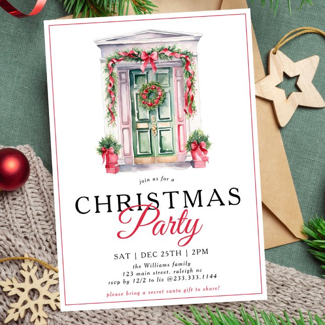 Modern Gold Script Christmas Door Party Invitation (Creator Uploaded)