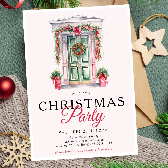 Modern Gold Script Christmas Door Party Invitation (Creator Uploaded)