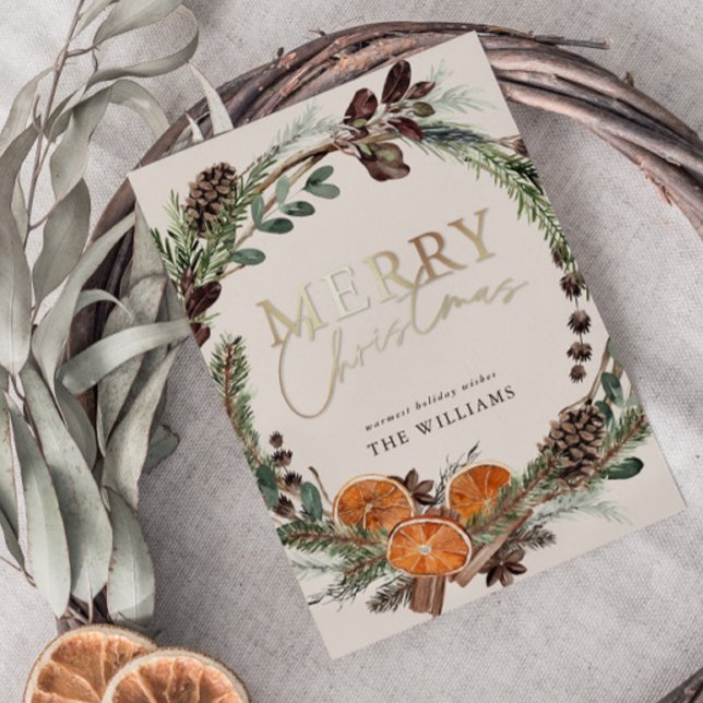 Modern Gold Script Citrus Wreath Christmas Holiday Card (Creator Uploaded)