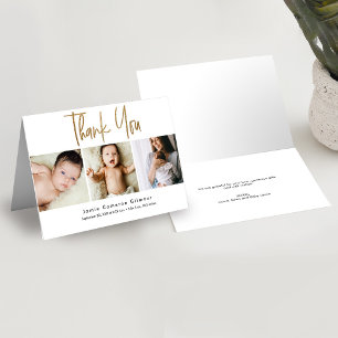 Modern Gold Script Custom 3 photo Baby birth Thank You Card