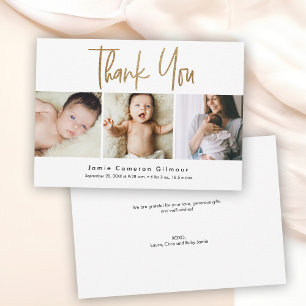 Modern Gold Script Custom 3 photo Baby Thank You Card