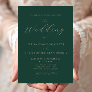 Modern Gold Script Dark Green Wedding Invitation
