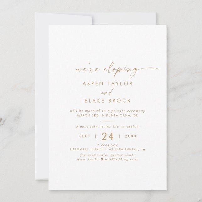 Modern Gold Script Elopement Reception Invitation (Front)