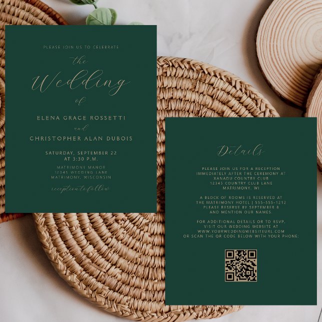 Modern Gold Script Emerald Green QR Code Wedding (Creator Uploaded)