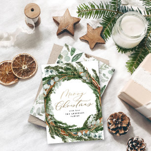 Modern gold script eucalyptus botanical Christmas Holiday Card