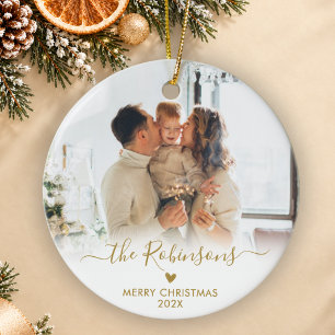 Modern Gold Script Family Photo Merry Christmas Ceramic Tree Decoration