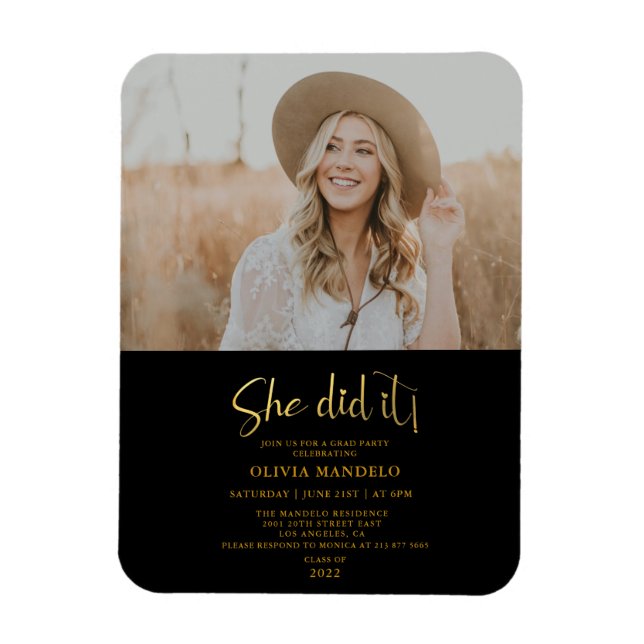 Modern Gold Script Grad Party Photo Invitation  Ma Magnet (Vertical)
