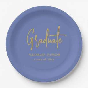 Modern Gold Script Graduation Party Blue Custom Paper Plate