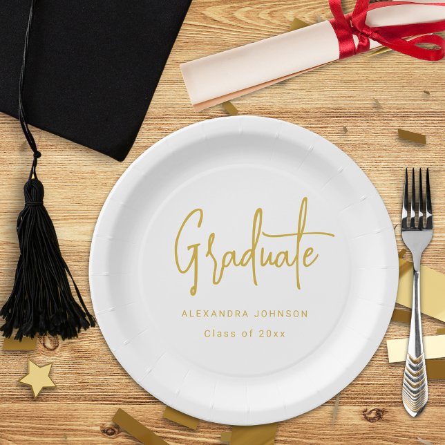 Modern Gold Script Graduation Party Custom Paper Plate (Trendy modern gold script graduation party custom white paper plate With graduate name ands class of)