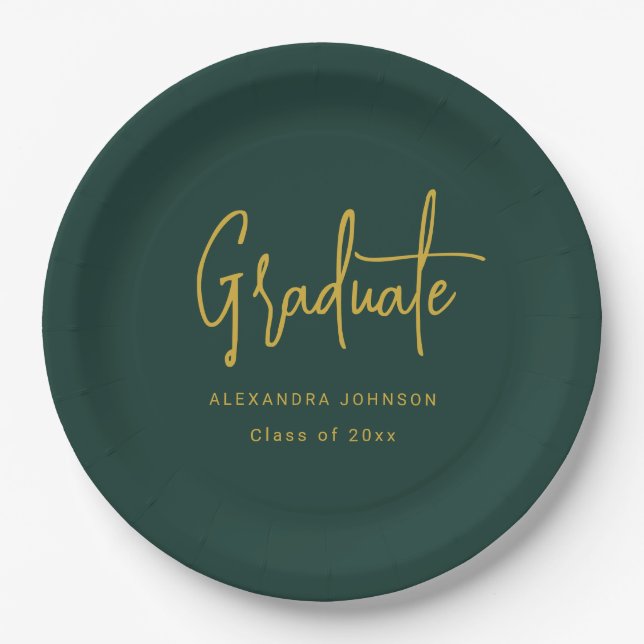 Modern Gold Script Graduation Party Green Custom Paper Plate (Front)