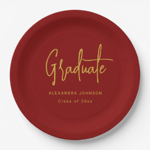 Modern Gold Script Graduation Party Red Custom Paper Plate