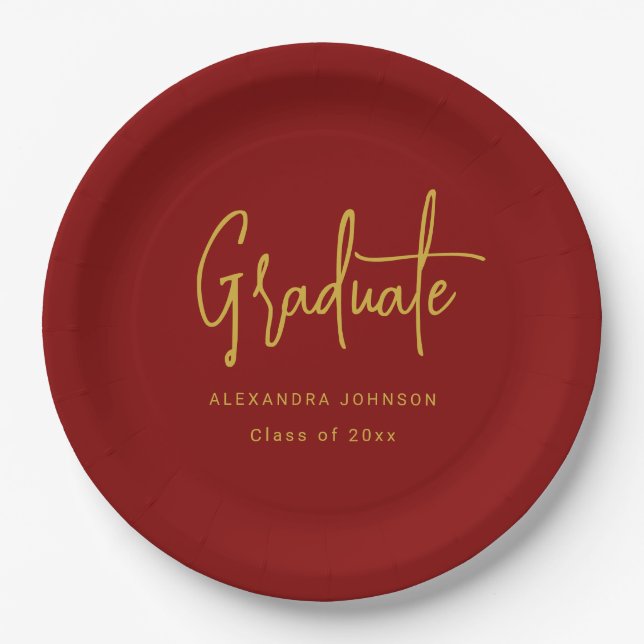 Modern Gold Script Graduation Party Red Custom Paper Plate (Front)