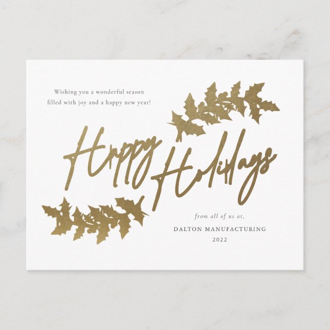 Modern Gold Script Happy Holidays Business Holiday Postcard (Front)